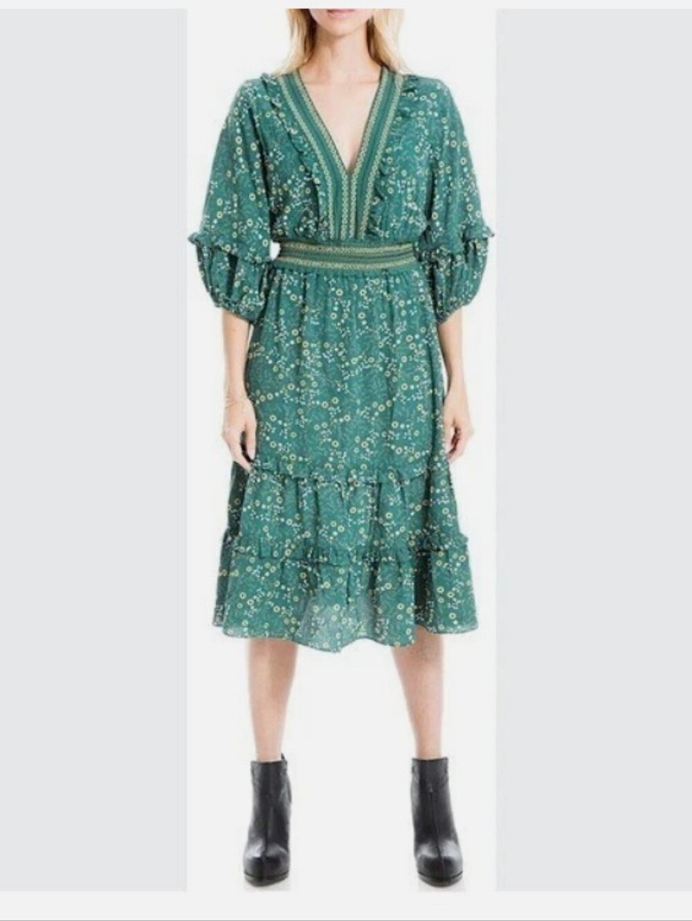 Max Studio Tiered Ruffle Midi Dress Green Floral Print Womens Medium